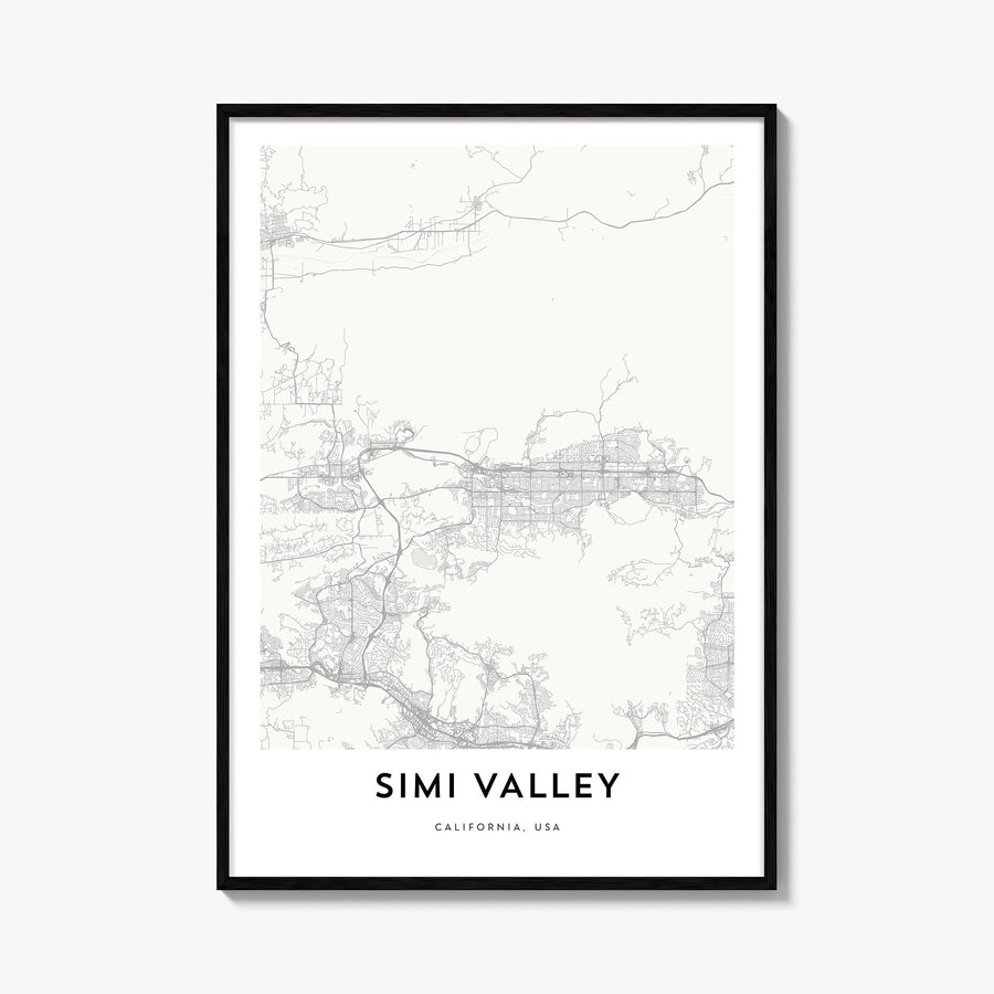 Simi Valley black & white map poster of California, USA – vertical wall art, unframed print shown in interior mockup