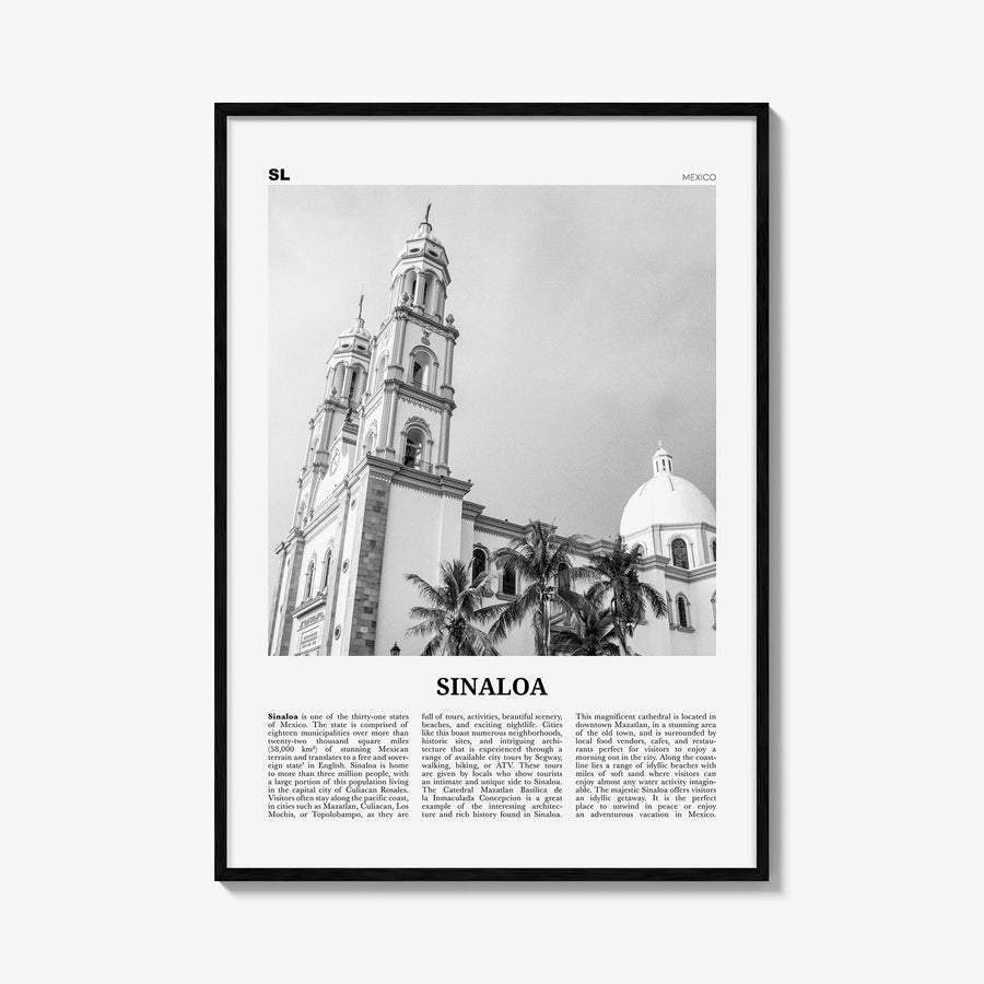 Sinaloa black & white newspaper poster of Mexico – vertical wall art, unframed print shown in interior mockup