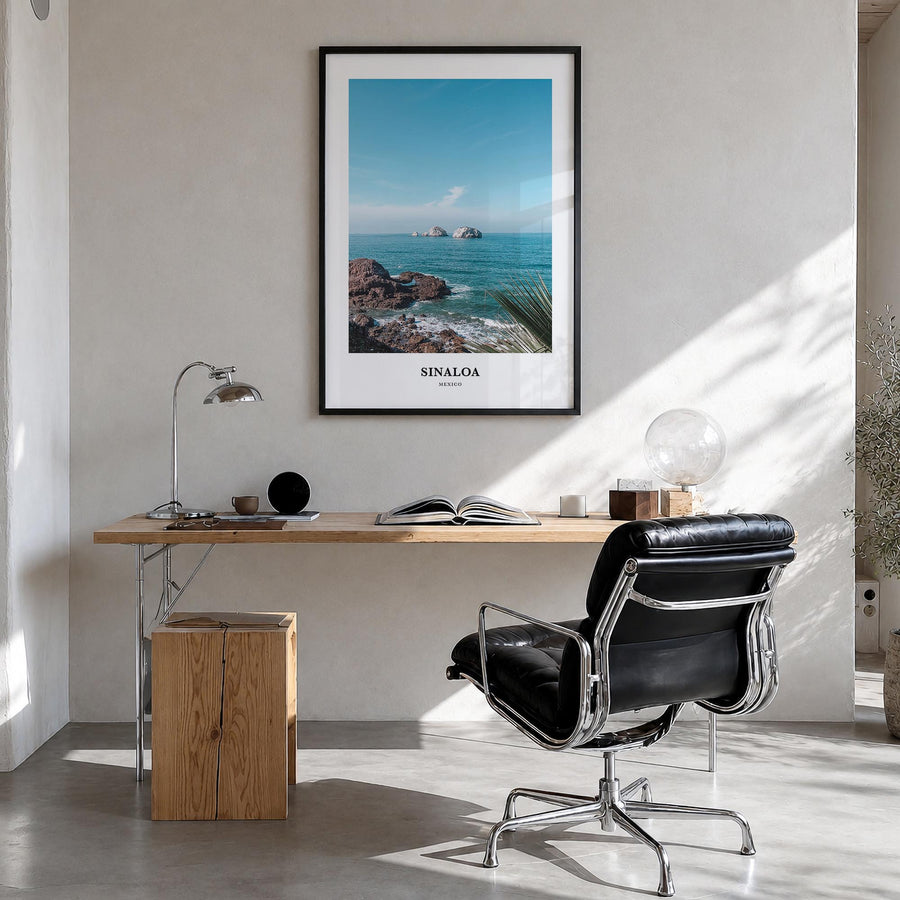 Sinaloa colorful classic poster of Mexico – vertical wall art in black wood frame, hanging on wall