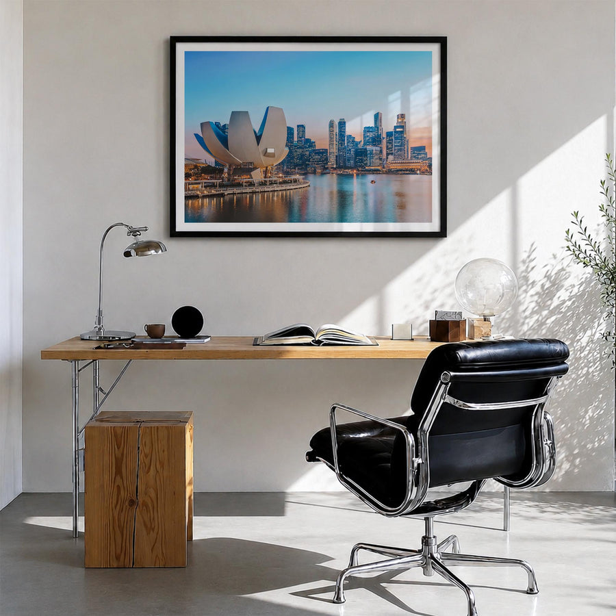Singapore colorful photo poster of Asia – horizontal wall art in black wood frame with white border, hanging on wall