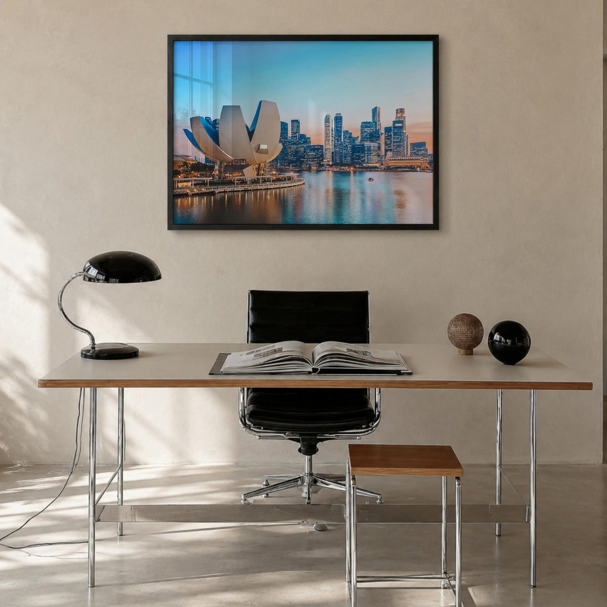 Singapore colorful photo poster of Asia – horizontal wall art in black wood frame, hanging on wall