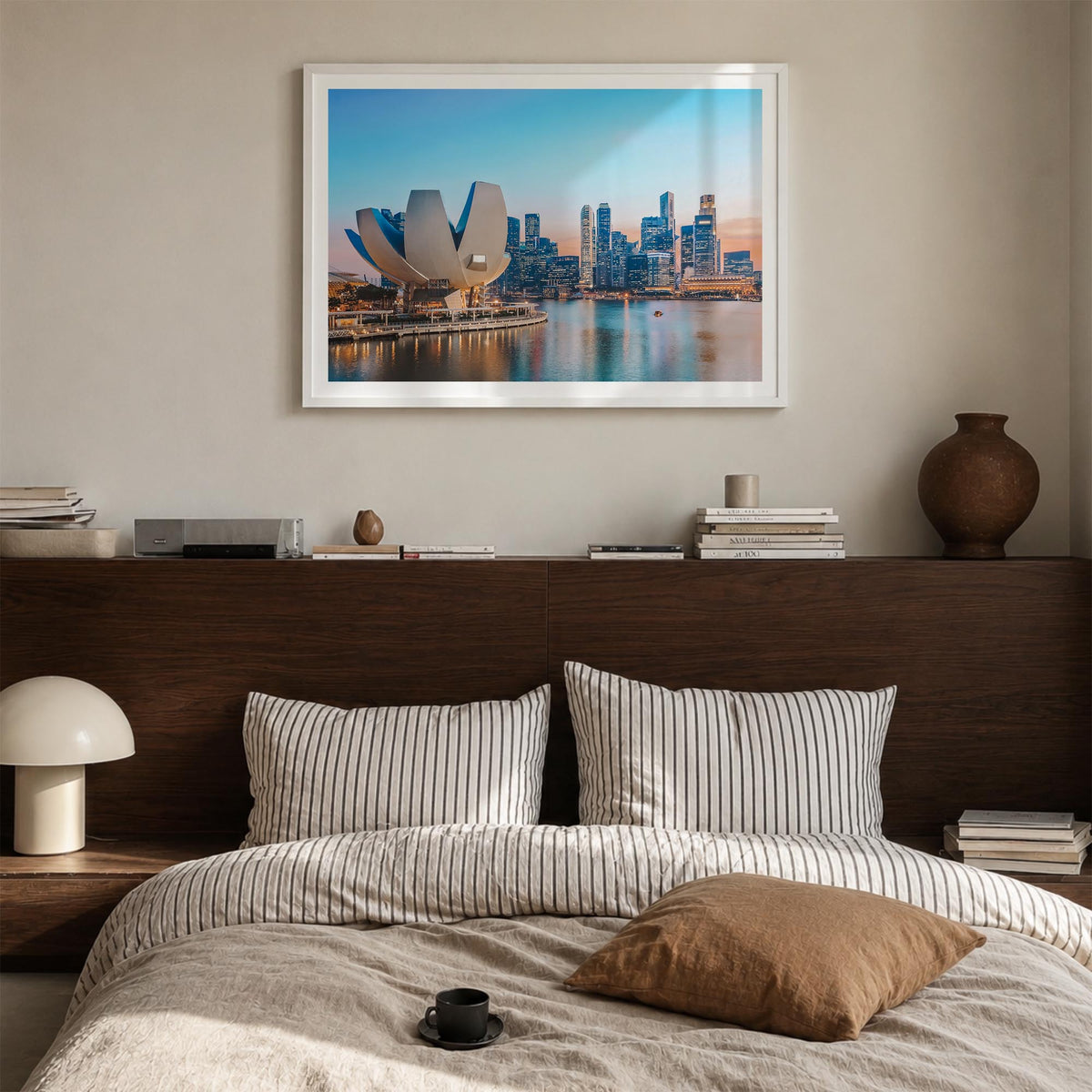 Singapore colorful photo poster of Asia – horizontal wall art in white wood frame with white border, hanging on wall