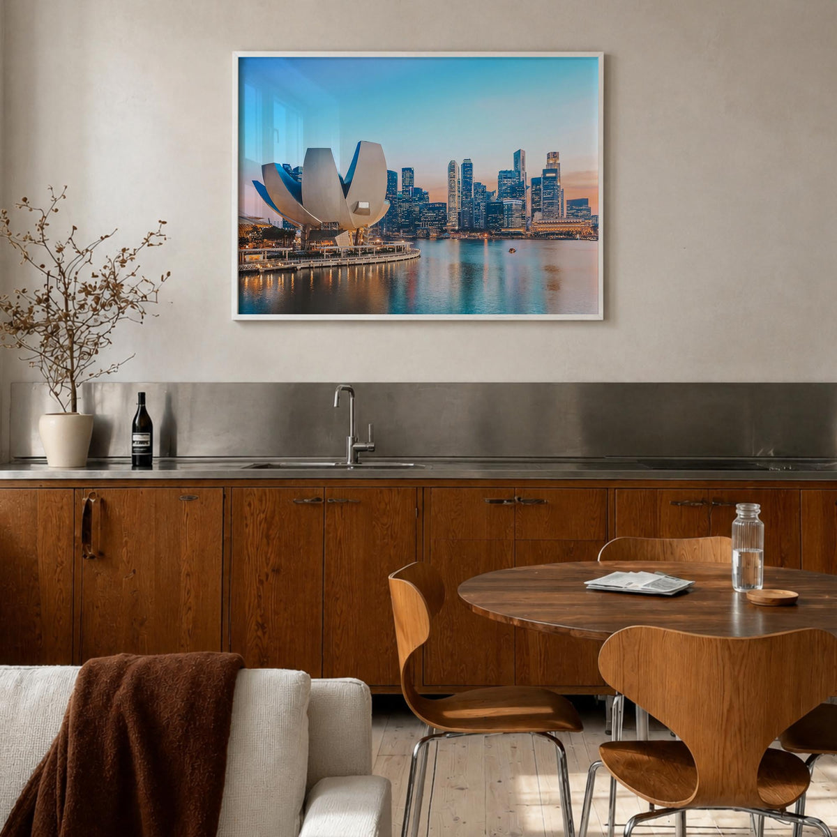 Singapore colorful photo poster of Asia – horizontal wall art in white wood frame, hanging on wall