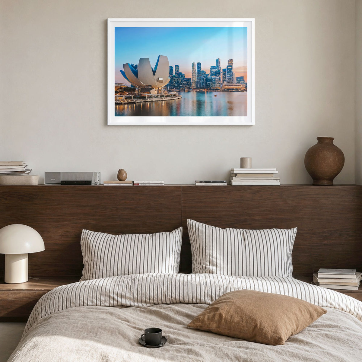 Singapore Photo Poster in a white wood frame, hanging in a bedroom, white border