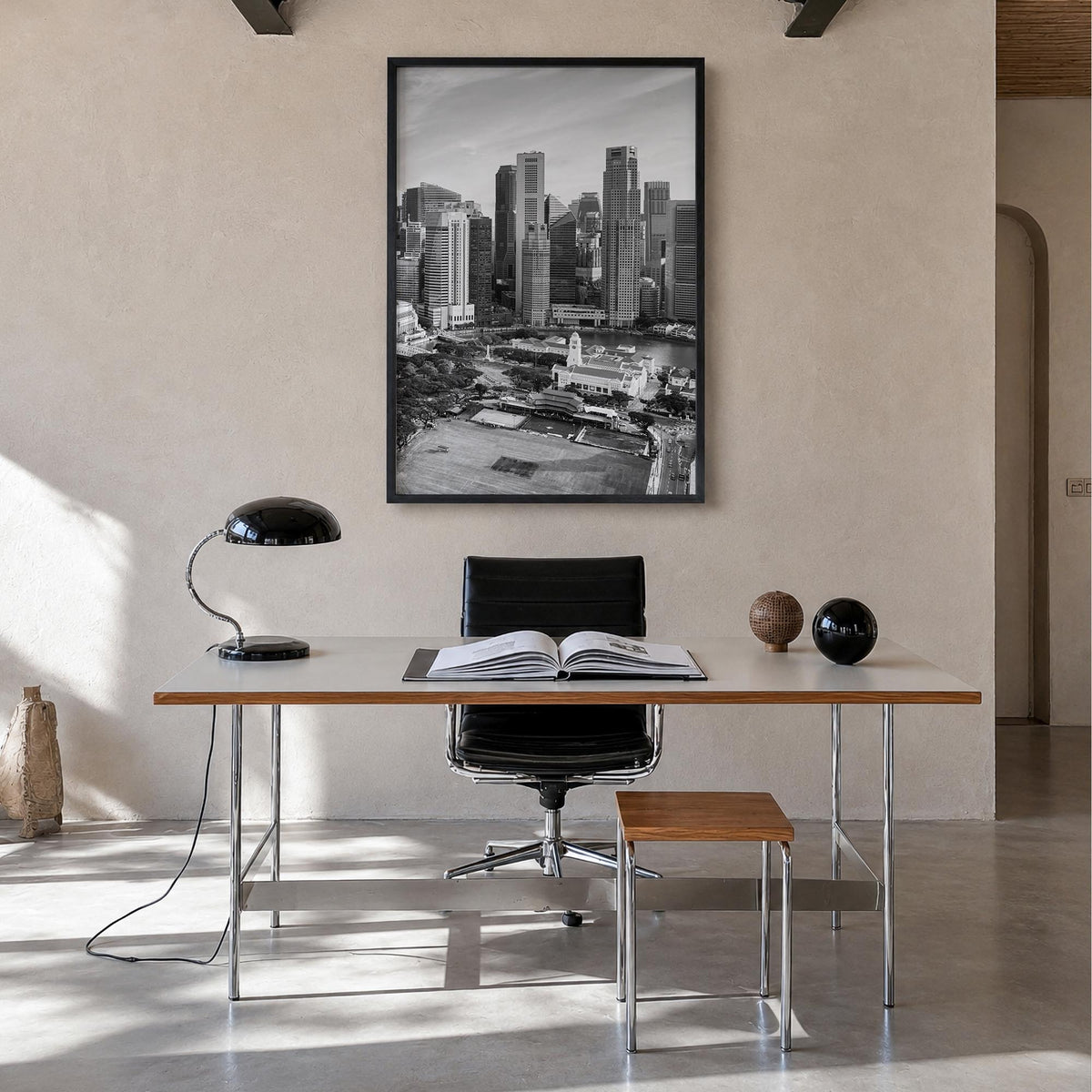 Singapore no. 1 black & white photo poster of Asia – vertical wall art in black wood frame, hanging on wall