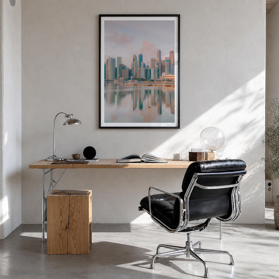Singapore no. 1 colorful photo poster of Asia – vertical wall art in black wood frame with white border, hanging on wall