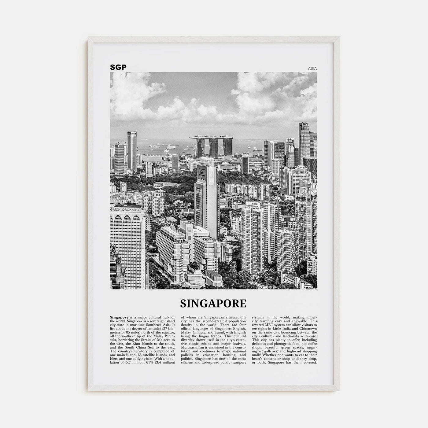 Singapore No 1 Poster White Wood / 8x12 in Nbourhood Travel B&W Poster