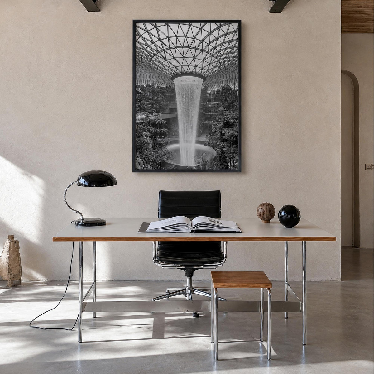 Singapore no. 2 black & white photo poster of Asia – vertical wall art in black wood frame, hanging on wall
