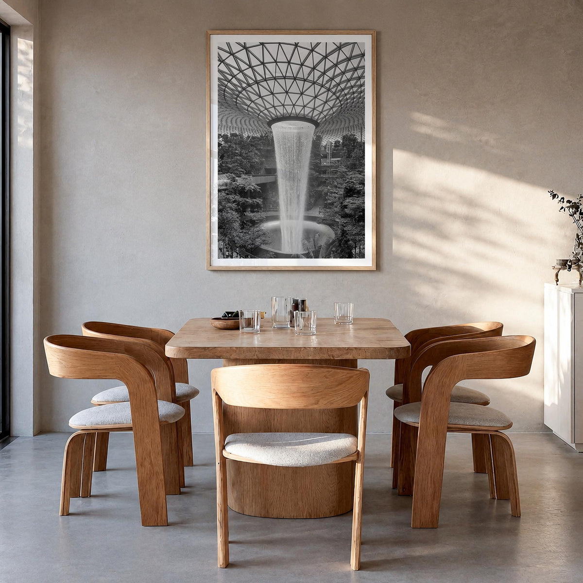 Singapore no. 2 black & white photo poster of Asia – vertical wall art in natural wood frame with white border, hanging on wa