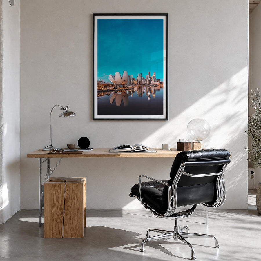 Singapore no. 2 colorful photo poster of Asia – vertical wall art in black wood frame with white border, hanging on wall