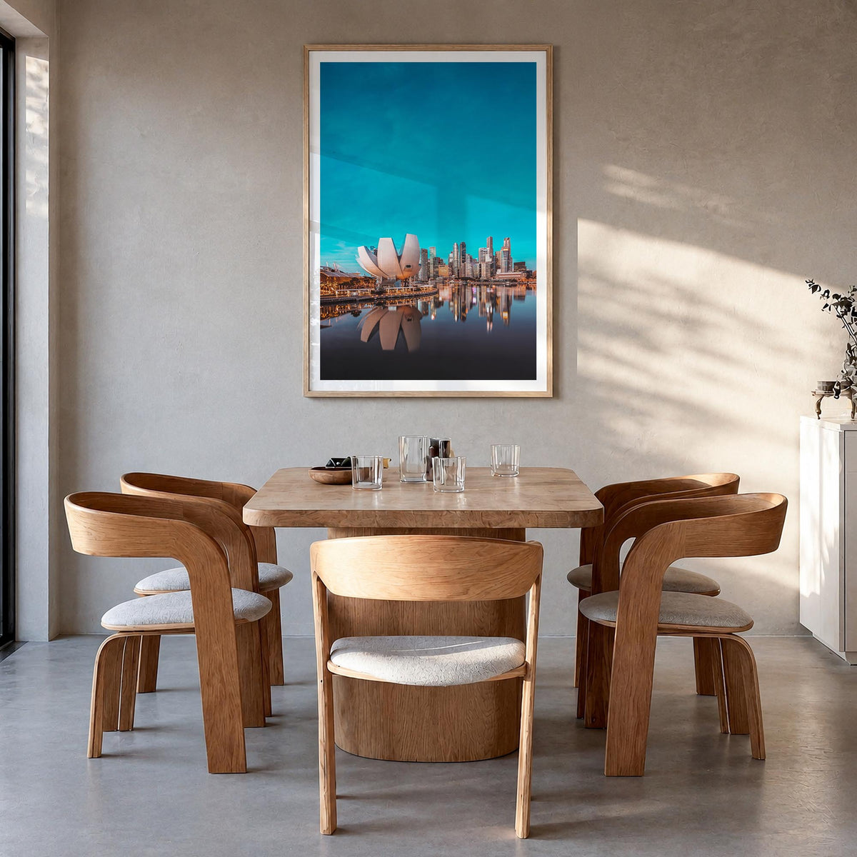 Singapore no. 2 colorful photo poster of Asia – vertical wall art in natural wood frame with white border, hanging on wall