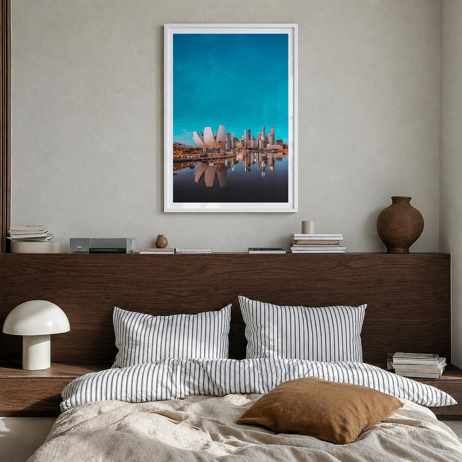 Singapore no. 2 colorful photo poster of Asia – vertical wall art in white wood frame with white border, hanging on wall