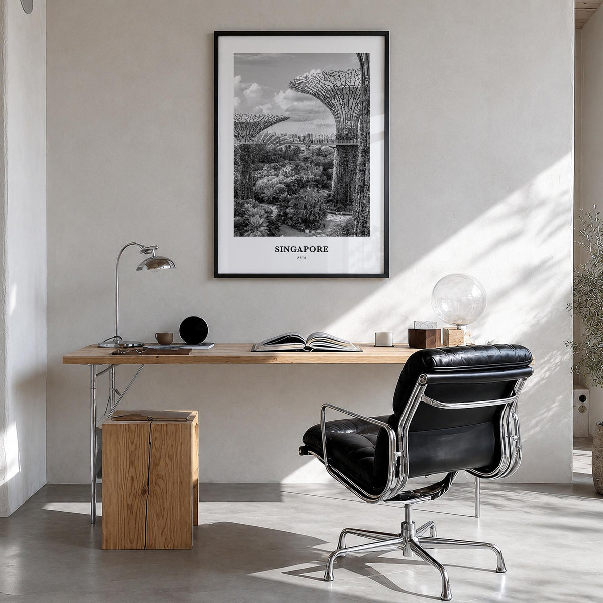Singapore no. 4 black & white classic poster of Asia – vertical wall art in black wood frame, hanging on wall