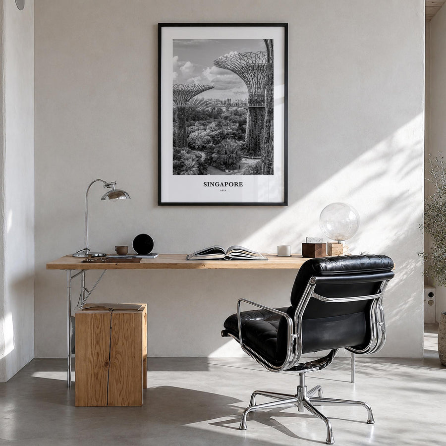 Singapore no. 4 black & white classic poster of Asia – vertical wall art in black wood frame, hanging on wall