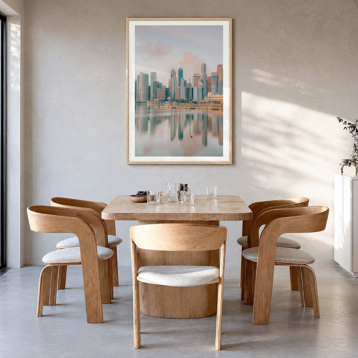 Singapore Photo No 1 Poster in a natural wood frame, hanging in a dining room, white border