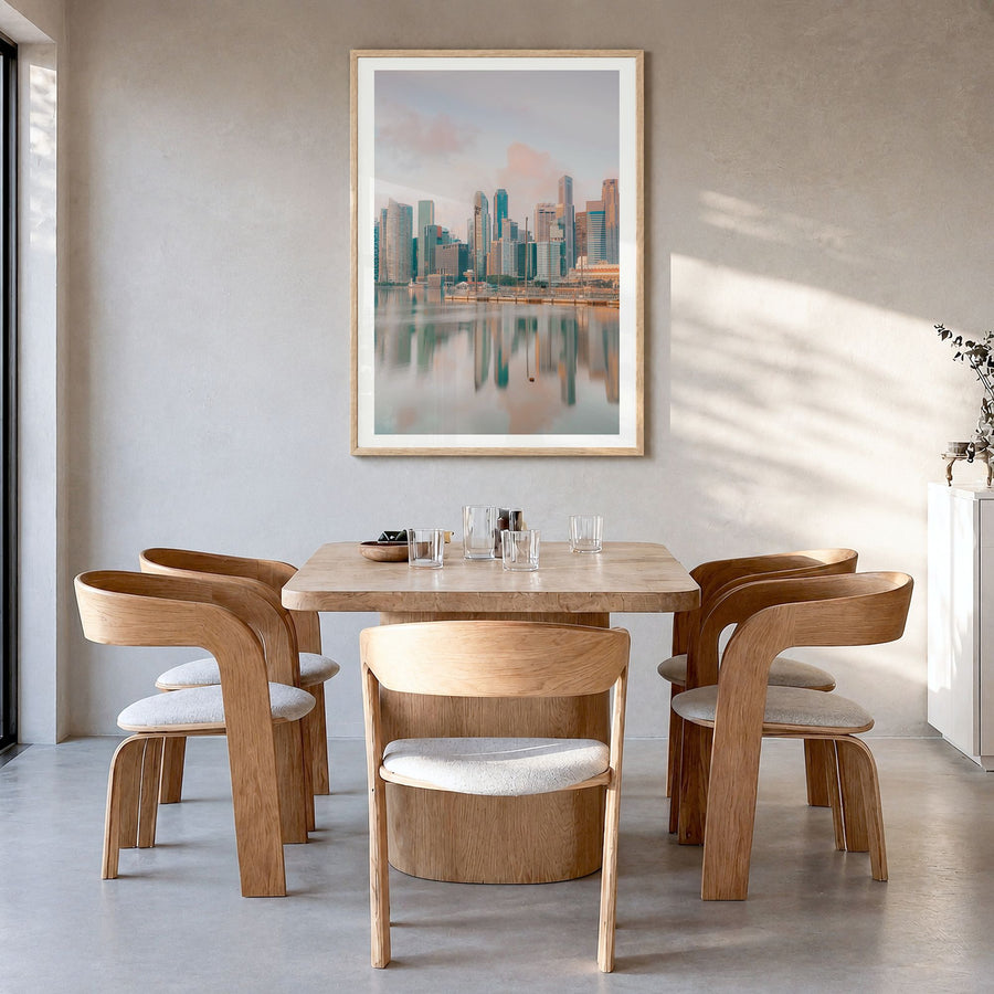 Singapore Photo No 1 Poster in a natural wood frame, hanging in a dining room, white border