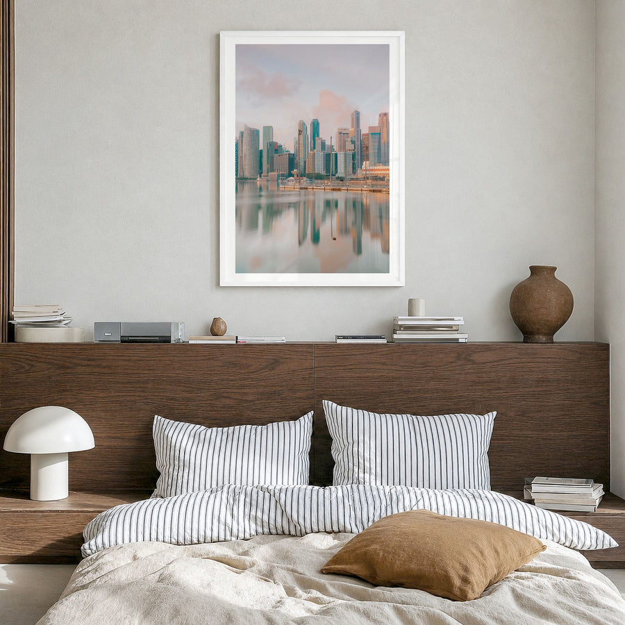 Singapore Photo No 1 Poster in a white wood frame, hanging in a bedroom, white border