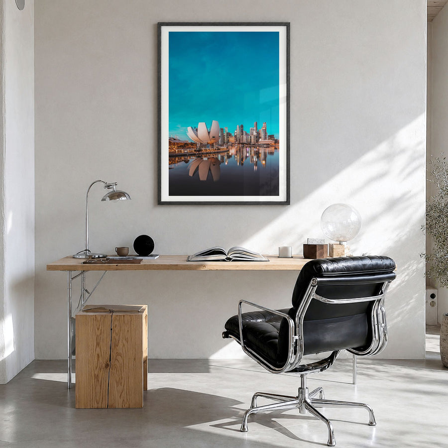 Singapore Photo No 2 Poster in a black wood frame, hanging in a bright home office, white border
