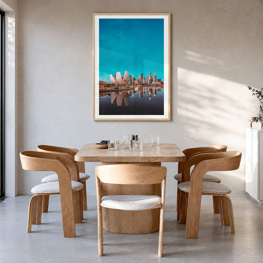 Singapore Photo No 2 Poster in a natural wood frame, hanging in a dining room, white border
