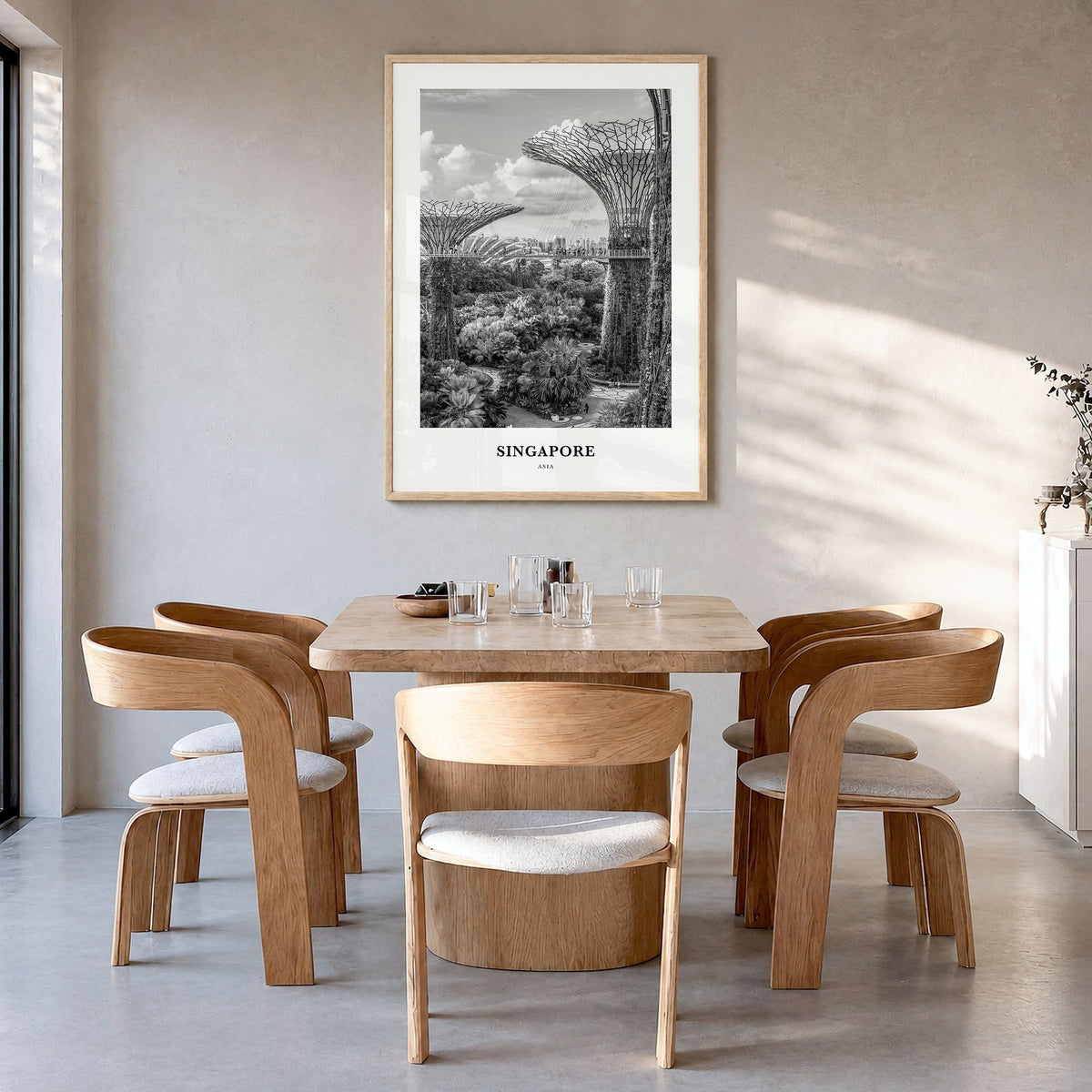 Singapore Classic No 4 Poster in a natural wood frame, hanging in a dining room