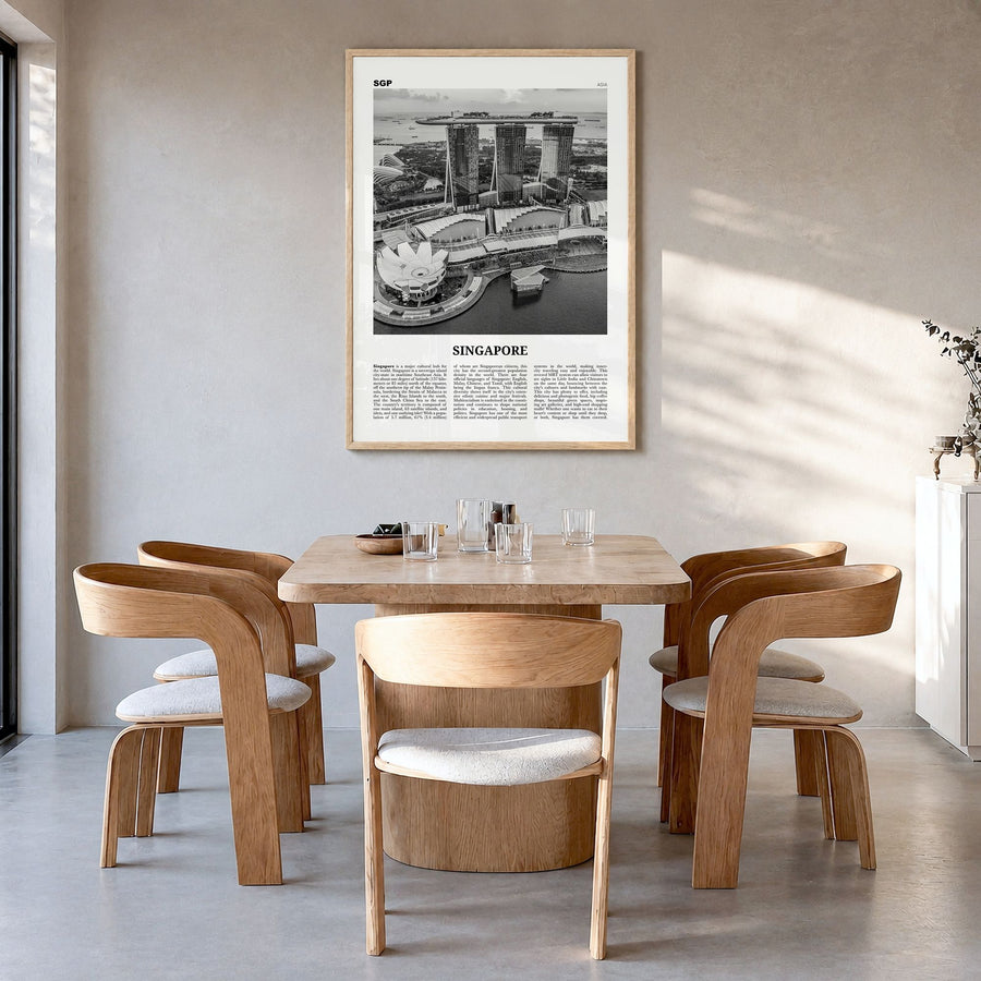 Singapore Newspaper No 3 Poster in a natural wood frame, hanging in a dining room