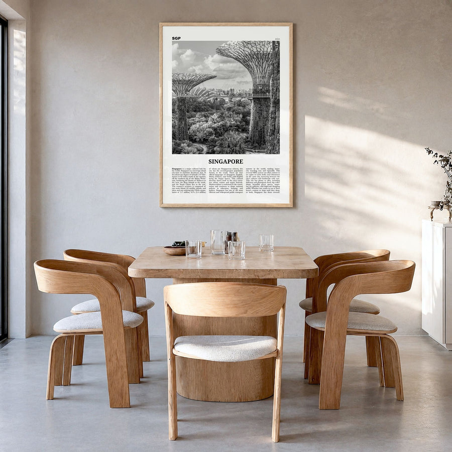 Singapore Newspaper No 4 Poster in a natural wood frame, hanging in a dining room