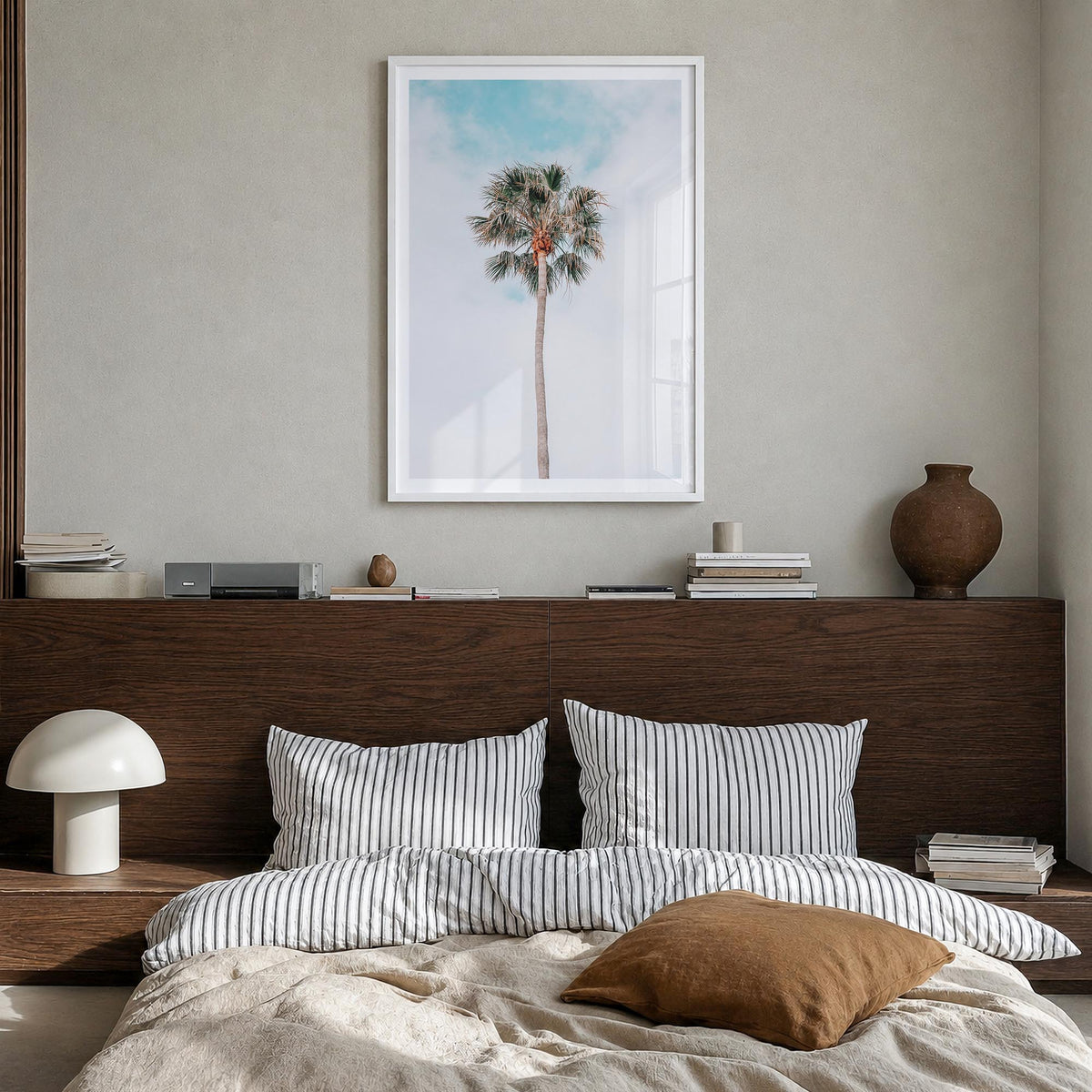 Single Palm Tree colorful photo poster – vertical wall art in white wood frame with white border, hanging on wall