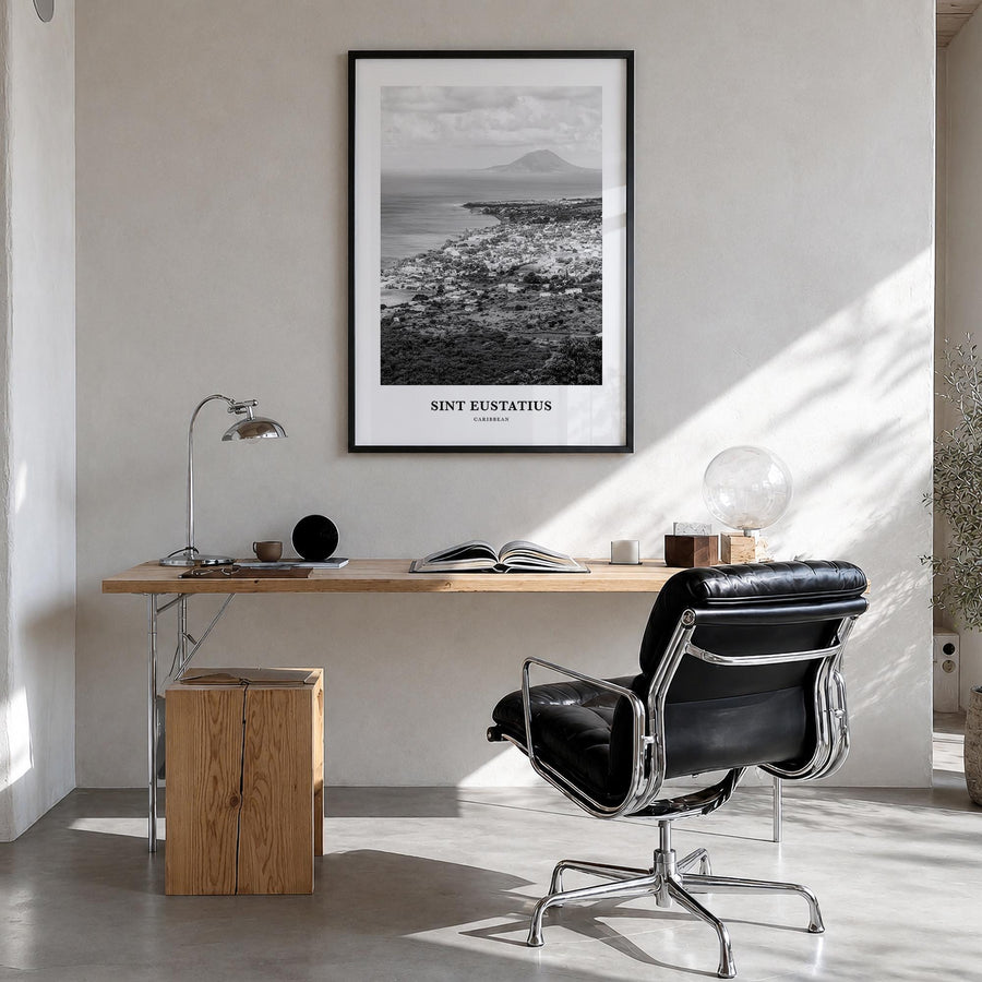 Sint Eustatius black & white classic poster of Caribbean – vertical wall art in black wood frame, hanging on wall