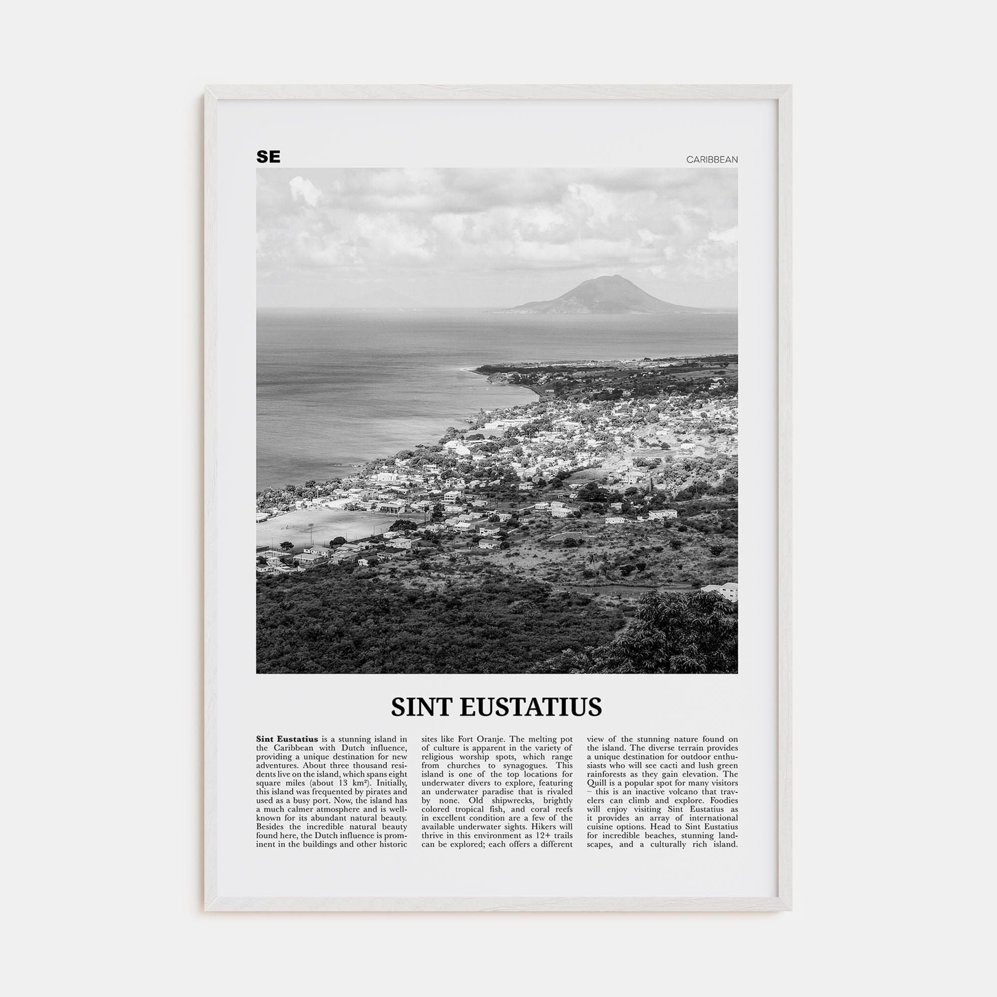 Sint Eustatius Poster White Wood / 8x12 in Nbourhood Travel B&W Poster