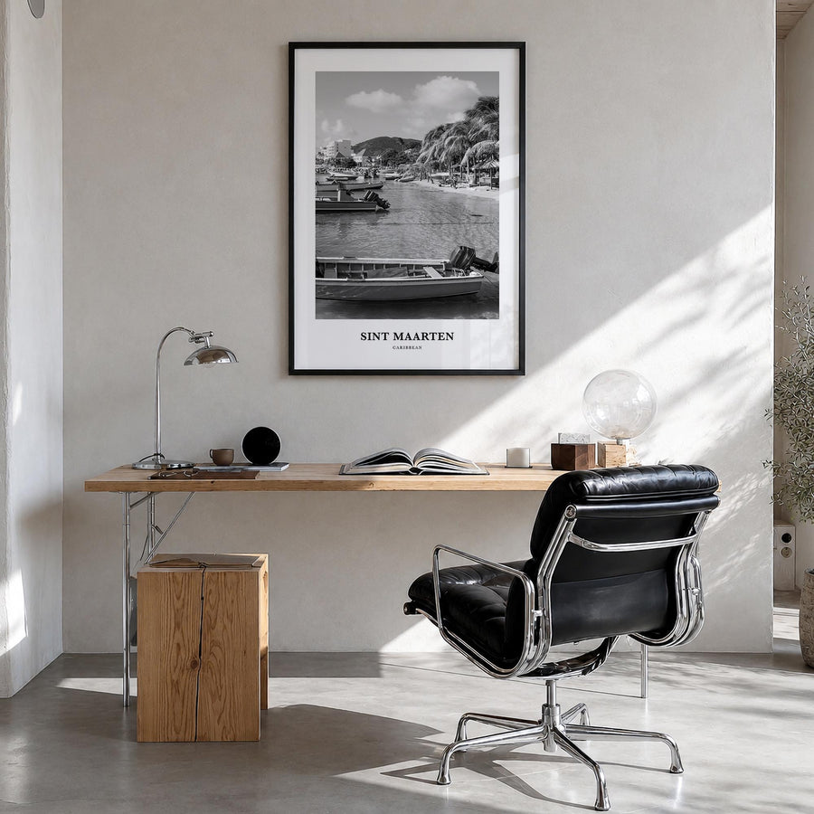 Sint Maarten no. 1 black & white classic poster of Caribbean – vertical wall art in black wood frame, hanging on wall