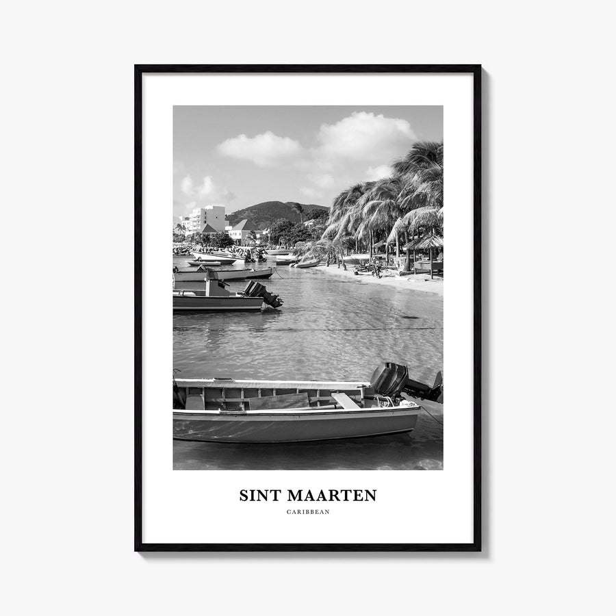 Sint Maarten no. 1 black & white classic poster of Caribbean – vertical wall art, unframed print shown in interior mockup