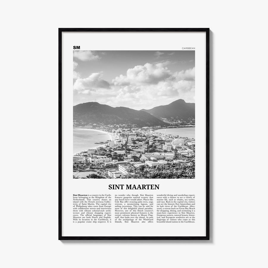 Sint Maarten no. 1 black & white newspaper poster of Caribbean – vertical wall art, unframed print shown in interior mockup
