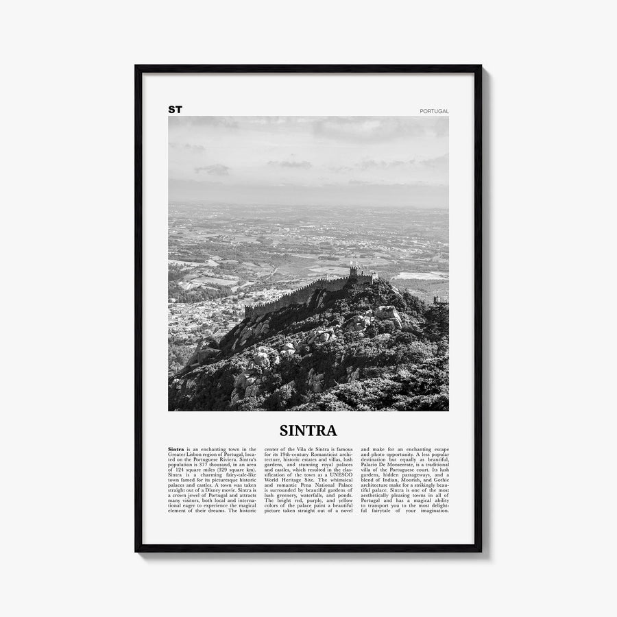 Sintra black & white newspaper poster of Portugal – vertical wall art, unframed print shown in interior mockup