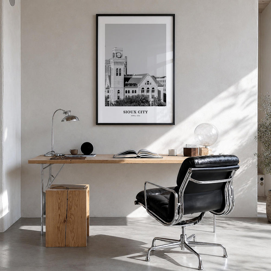 Sioux City black & white classic poster of Iowa, USA – vertical wall art in black wood frame, hanging on wall
