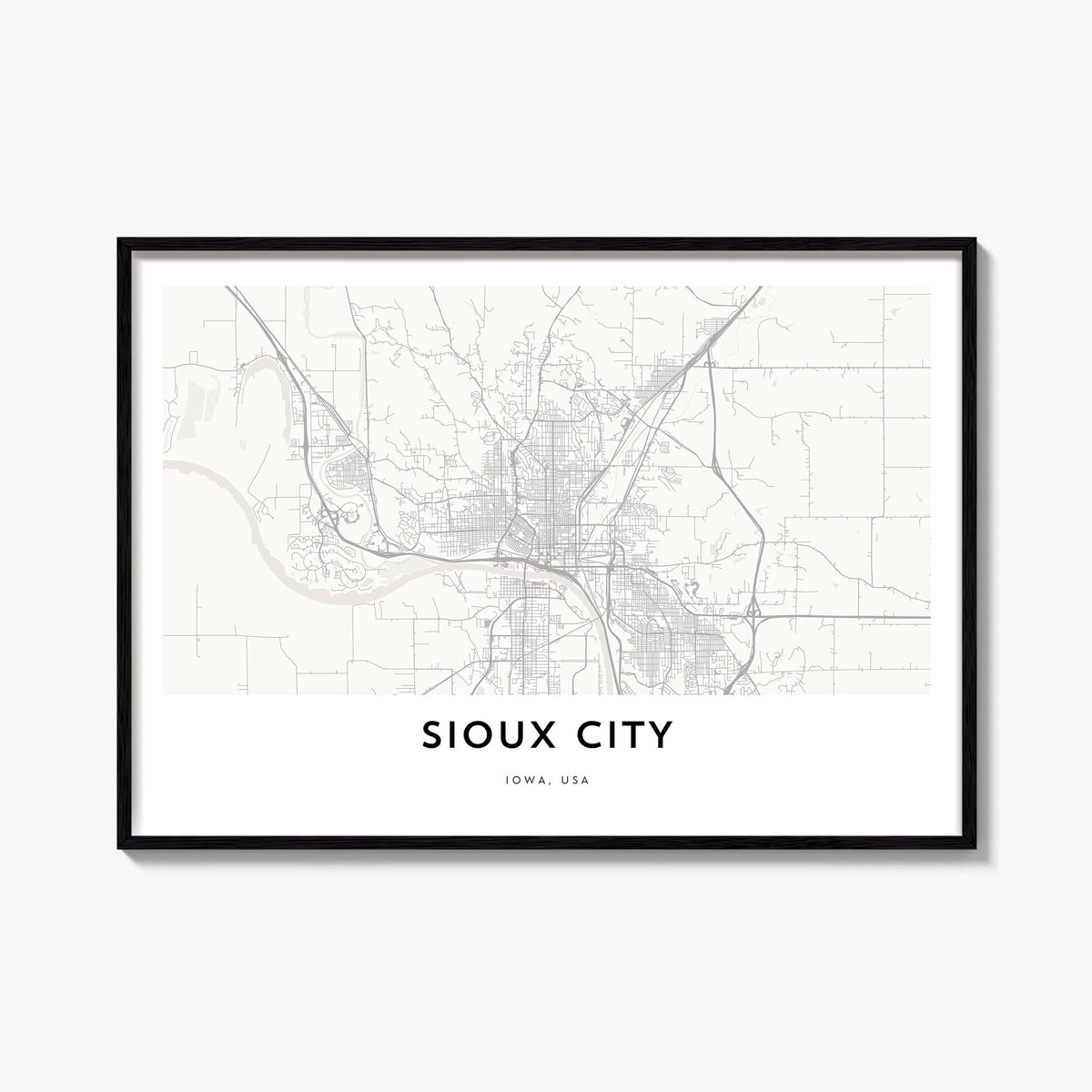 Sioux City black & white map poster of Iowa, USA – horizontal wall art, unframed print shown in interior mockup