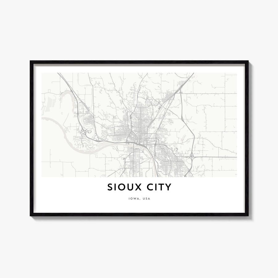 Sioux City black & white map poster of Iowa, USA – horizontal wall art, unframed print shown in interior mockup