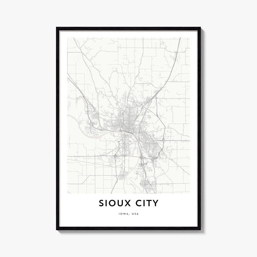 Sioux City black & white map poster of Iowa, USA – vertical wall art, unframed print shown in interior mockup