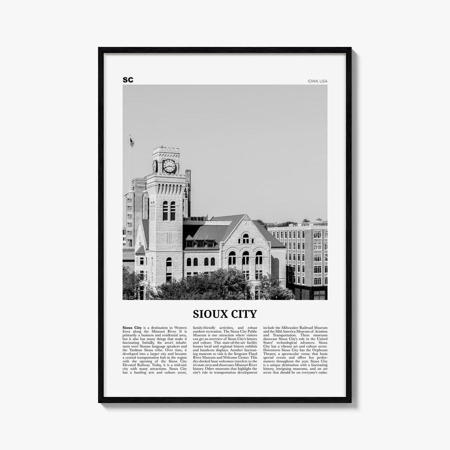 Sioux City black & white newspaper poster of Iowa, USA – vertical wall art, unframed print shown in interior mockup
