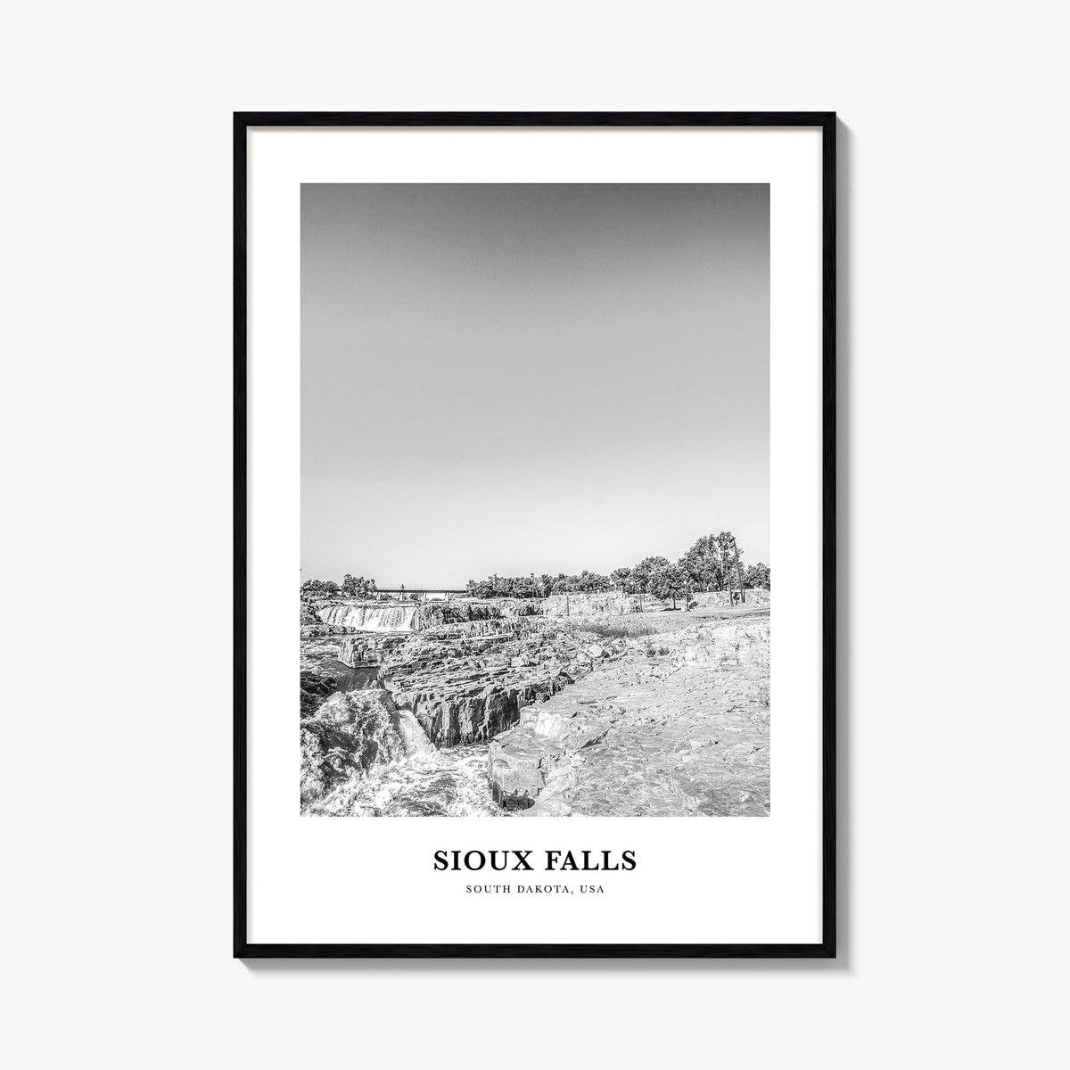 Sioux Falls black & white classic poster of South Dakota, USA – vertical wall art, unframed print shown in interior mockup