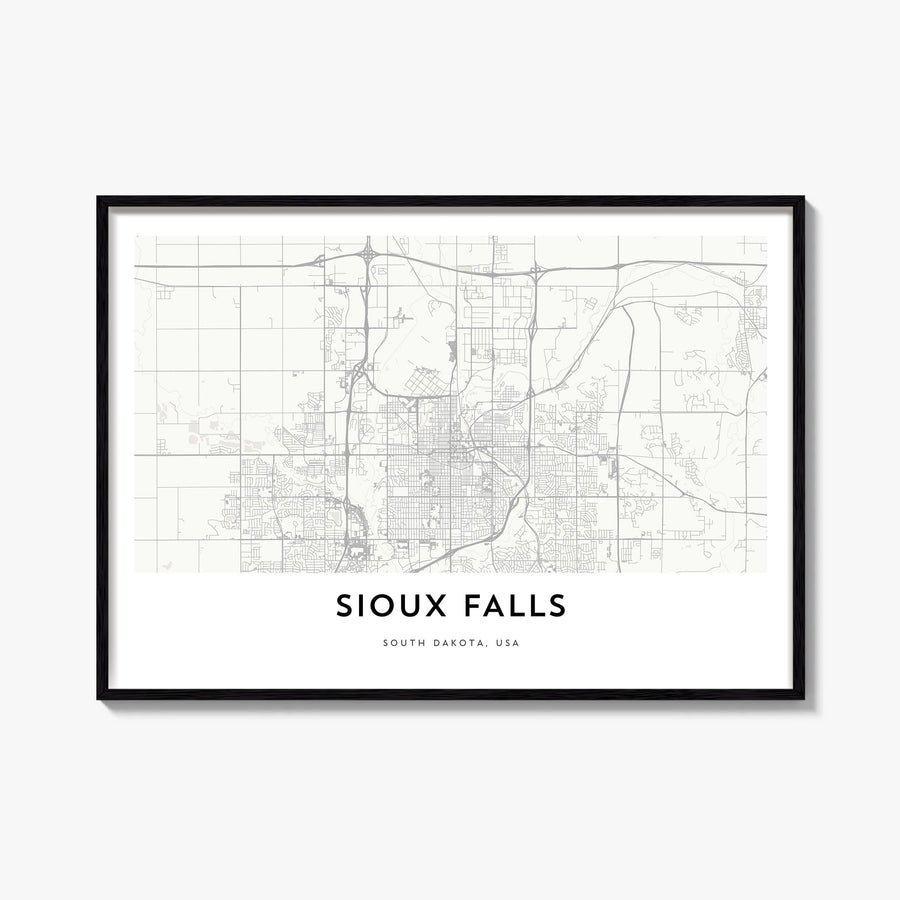 Sioux Falls black & white map poster of South Dakota, USA – horizontal wall art, unframed print shown in interior mockup