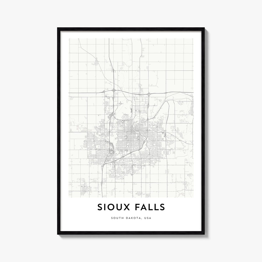 Sioux Falls black & white map poster of South Dakota, USA – vertical wall art, unframed print shown in interior mockup