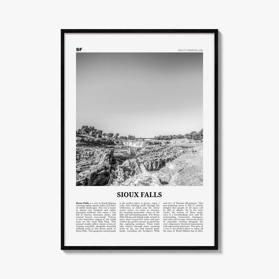 Sioux Falls black & white newspaper poster of South Dakota, USA – vertical wall art, unframed print shown in interior mockup