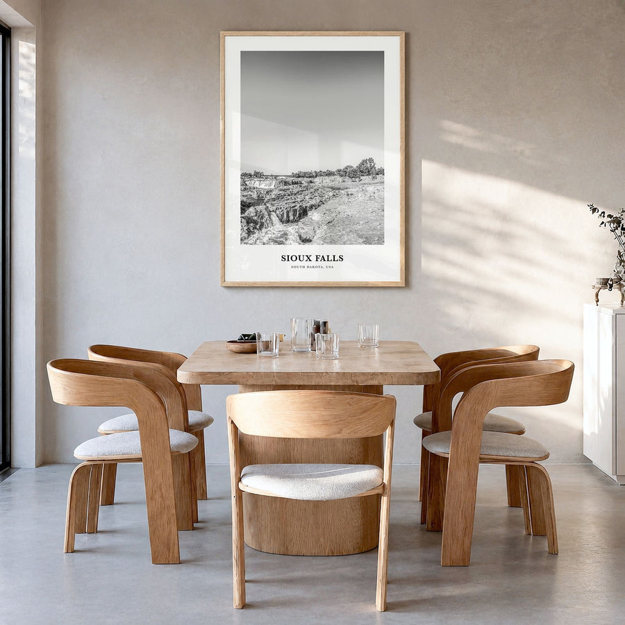 Sioux Falls Classic Poster in a natural wood frame, hanging in a dining room
