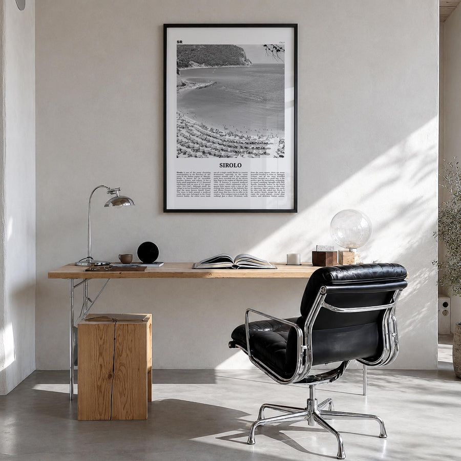 Sirolo black & white newspaper poster of Italy – vertical wall art in black wood frame, hanging on wall