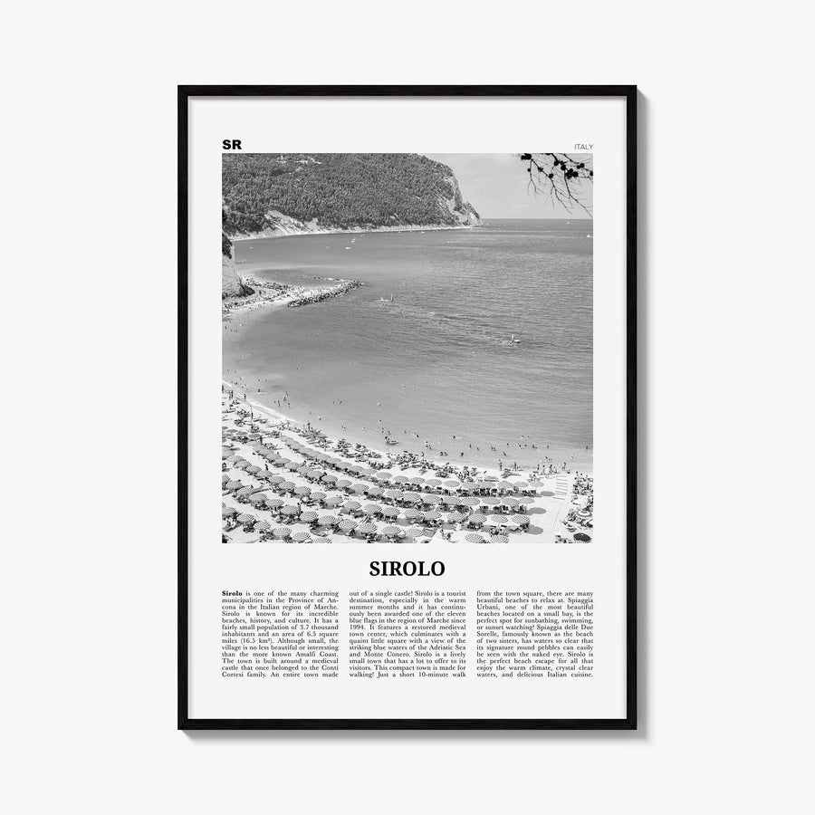 Sirolo black & white newspaper poster of Italy – vertical wall art, unframed print shown in interior mockup