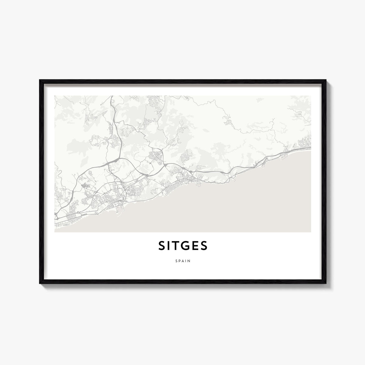 Sitges black & white map poster of Spain – horizontal wall art, unframed print shown in interior mockup