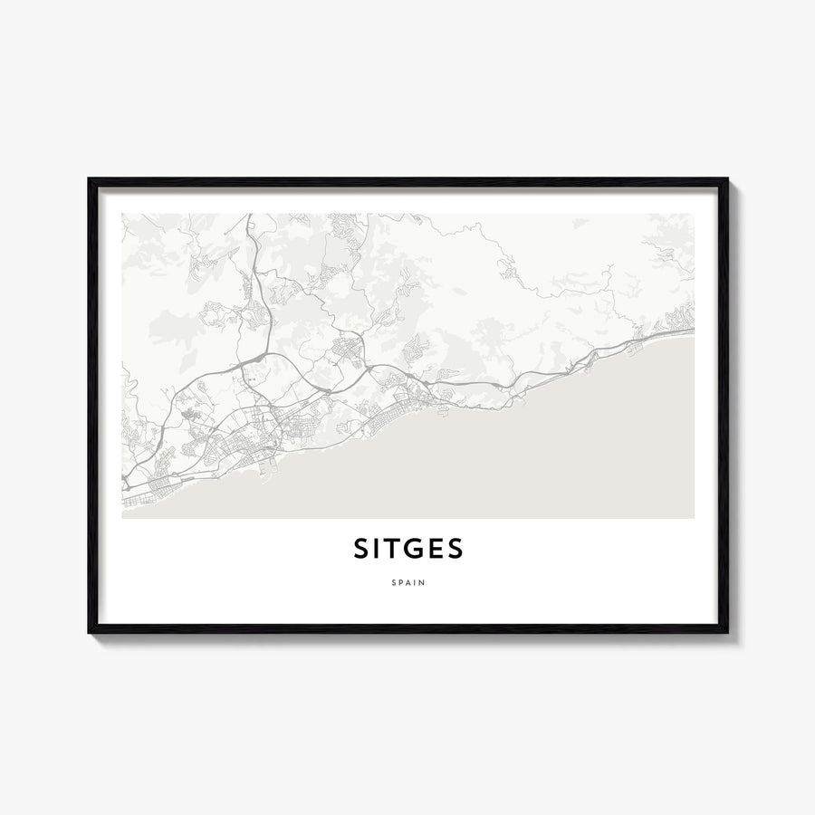 Sitges black & white map poster of Spain – horizontal wall art, unframed print shown in interior mockup