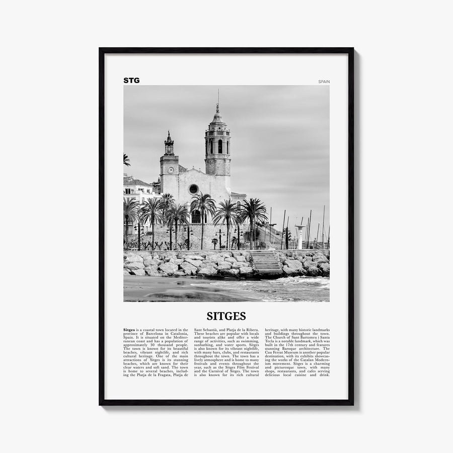 Sitges black & white newspaper poster of Spain – vertical wall art, unframed print shown in interior mockup