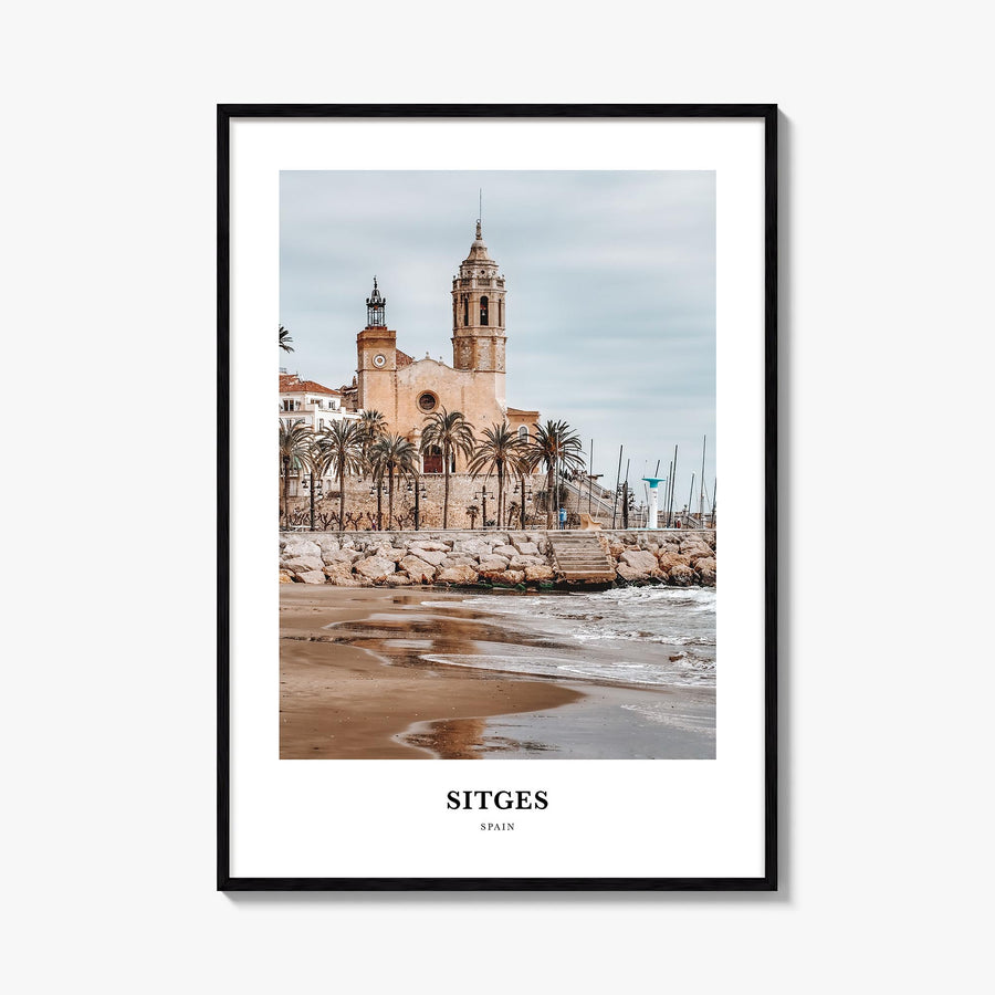 Sitges colorful classic poster of Spain – vertical wall art, unframed print shown in interior mockup