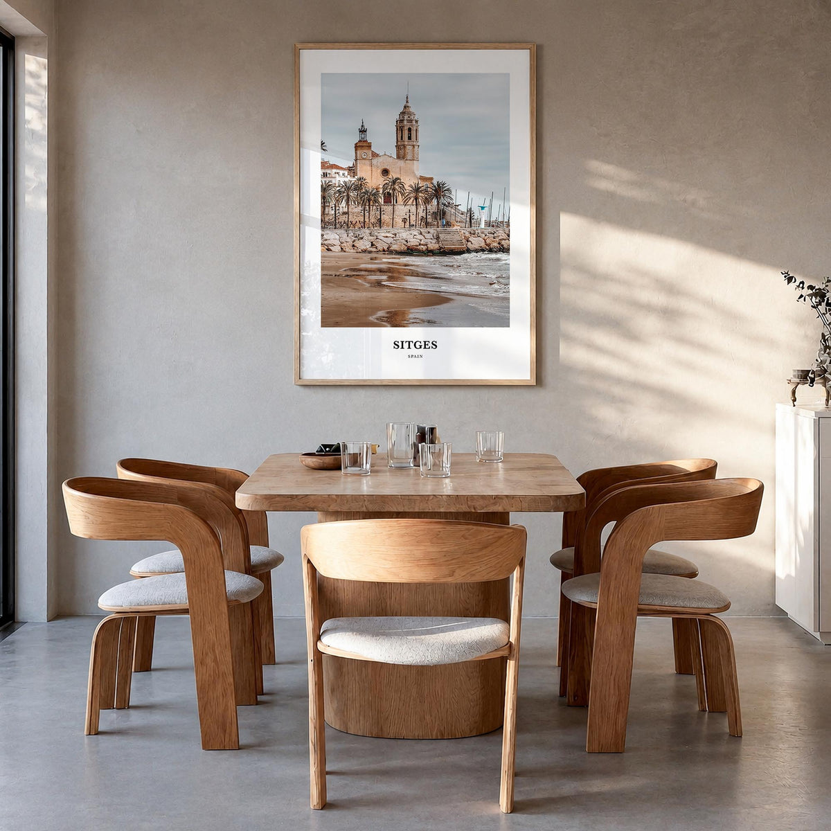 Sitges colorful classic poster of Spain – vertical wall art in natural wood frame, hanging on wall